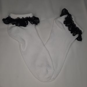 Low Cut White Socks with Black Lace and Satin.